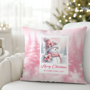 Elegante Roze Sneeuwman Winter Scene Kinderen Kers Kussen