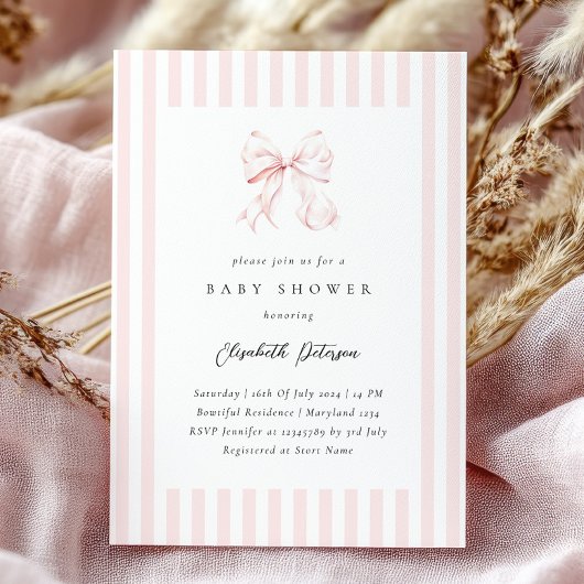 Elegante Roze Strepen Bow Baby shower Baby shower Kaart