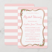 Elegante Roze Strepen Gouden Bloem Bruidsfeest Kaart (Voorkant / Achterkant)