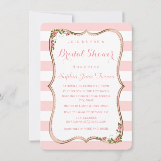 Elegante Roze Strepen Gouden Bloem Bruidsfeest Kaart (Voorkant)