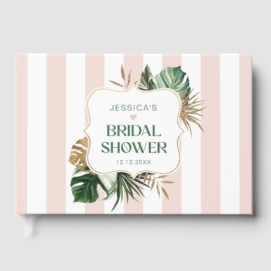 Elegante roze strepen tropische meisjesachtige bru gastenboek (Voorkant)