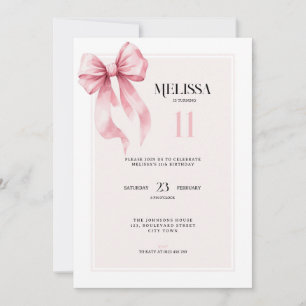 Elegante Roze Strik 11e Verjaardagsuitnodiging Kaart
