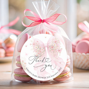 Elegante Roze Strik Baby Shower Bedankt Ronde Sticker