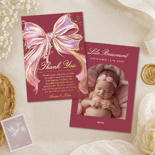 Elegante Roze Strik Baby Shower Folie Bedankkaart Feestdagenkaart