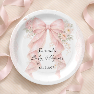 Elegante Roze Strik Bloem Meisje Baby Shower Papieren Bordje