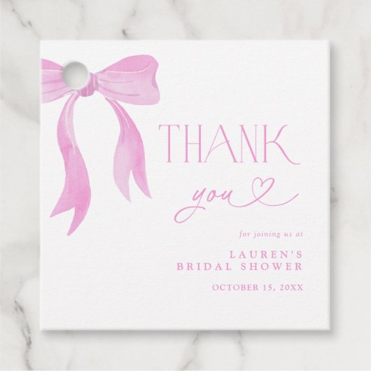 Elegante Roze Strik Bruidsdouche Script Bedankt Bedankjes Labels (Voorkant)