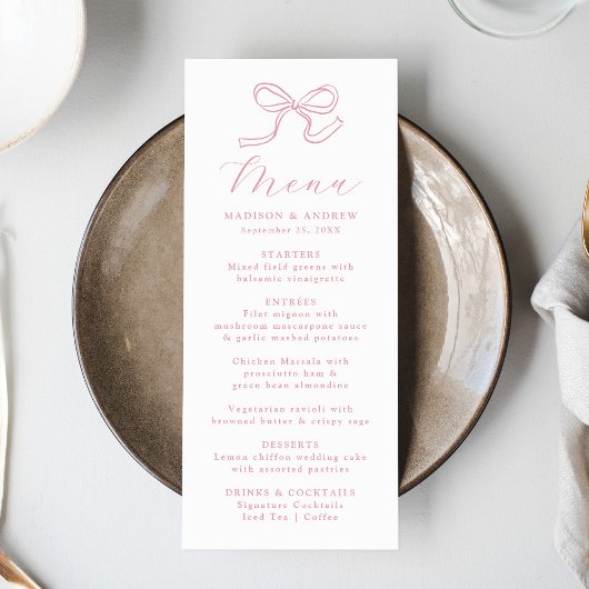 Elegante Roze Strik Bruiloft Menu