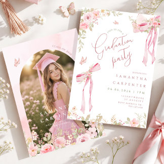 Elegante roze strik coquette FLORAL foto afstudere Kaart