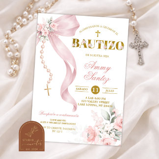 Elegante Roze Strik Coquette Rozenkrans Bautizo Kaart