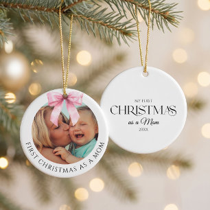Elegante Roze Strik Eerste Kerstmis als Moeder Fot Keramisch Ornament