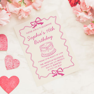 Elegante Roze Strik en Cake Sweet 16 Verjaardagsfe Kaart