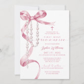 Elegante roze strik en rozenkrans eerste heilige c kaart (Voorkant)