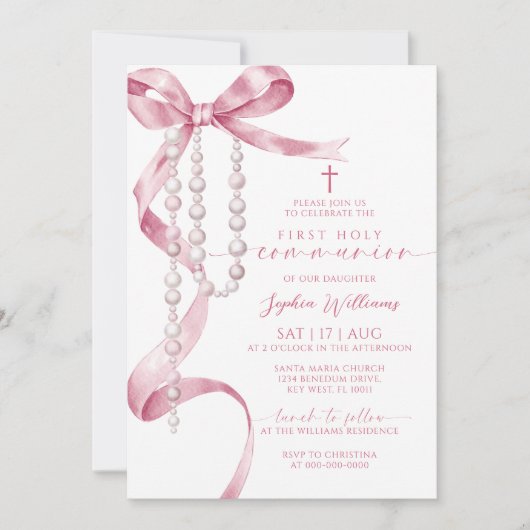 Elegante roze strik en rozenkrans eerste heilige c kaart (Voorkant)