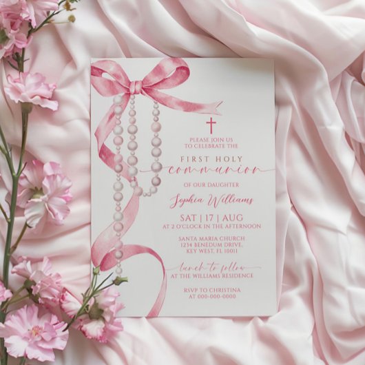 Elegante roze strik en rozenkrans eerste heilige c kaart