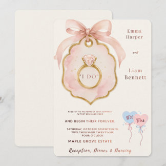 Elegante Roze Strik Huwelijksuitnodiging | Bewerkb Kaart