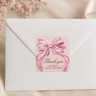 Elegante Roze Strik Meisje Baby Shower Dank Je Vierkante Sticker