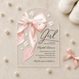Elegante Roze Strik Parel Meisje Baby Shower Uitno Acryl Uitnodigingen
