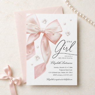 Elegante Roze Strik Parel Meisje Baby Shower Uitno Kaart