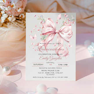 Elegante Roze Strik & Parels Quinceañera Uitnodigi Kaart
