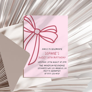 Elegante Roze Strik Verjaardagsuitnodiging Sweet 1 Kaart