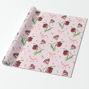 Elegante Roze Strikken Tulp Bloemmotief Cadeaupapier