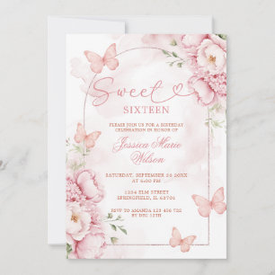 Elegante Roze Sweet 16 Uitnodiging met Vlinders
