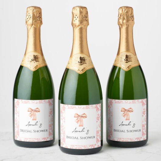 Elegante Roze Toile Bloemige Bruidsontbijt Brunch Sparkling Wijnetiket (Flessen)