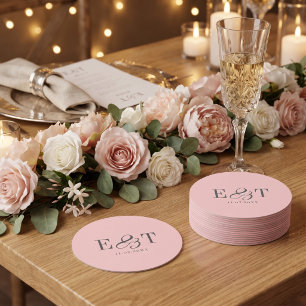 Elegante Roze Trouwkleur Initialen Ronde Kartonnen Onderzetter