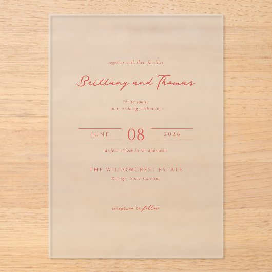 Elegante Roze Trouwuitnodiging Acryl Uitnodigingen (Voorkant)