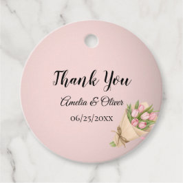 Elegante roze tulpen boeket bruiloft bedankjes labels