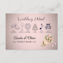 Elegante roze tulpen boeket bruiloft detail informatiekaartje