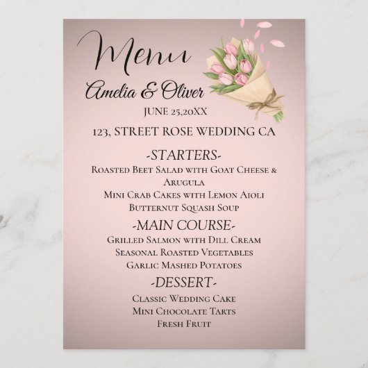 Elegante roze tulpen boeket bruiloft menu (Voorkant)