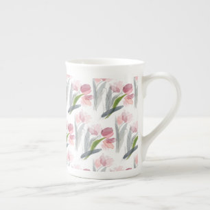 Elegante Roze Tulpen Saliegroene Bladeren Wit Porselein Kop