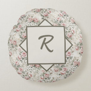 Elegante Roze Vintage Monogram Floral Rond Kussen