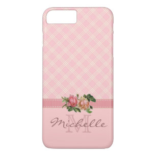 Elegante Roze Vintage Plaid & Bloemendessin met In iPhone 8 Plus / 7 Plus Hoesje