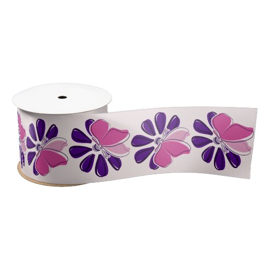 Elegante Roze Vlinder & Paarse Bloem op Blush Lint (Spoel)