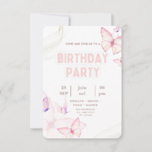 Elegante Roze Vlinder Verjaardagsfeest Uitnodiging