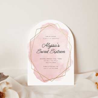 Elegante Roze Waterverf Arched Sweet 16 Birthday Kaart
