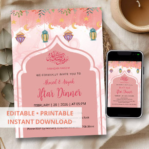 Elegante Roze Waterverf Bloem Iftar-diner Kaart
