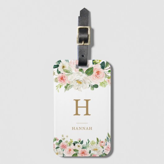 Elegante Roze Waterverf Bloem Monogram Bagagelabel (Voorkant (verticaal))