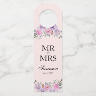 Elegante Roze Waterverf Bloemachtige Trouwdag Flessenhanger