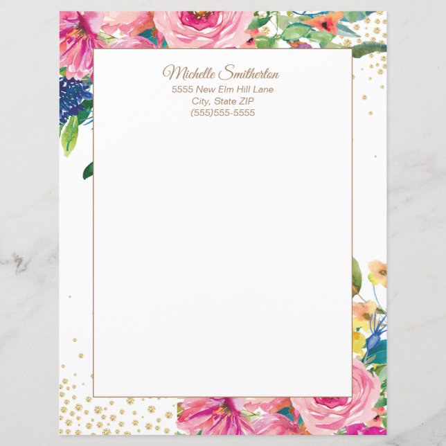 Elegante Roze Waterverf Bloemen Glitter Letterhead (Voorkant)