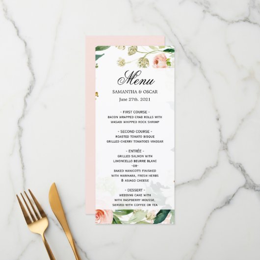 Elegante roze waterverf bloemenrand menu (Voorkant / Achterkant in situ)