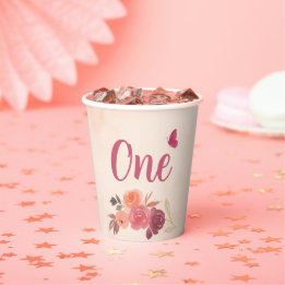 Elegante Roze Waterverf Bloemige Eerste Verjaardag Papieren Bekers