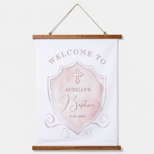 Elegante Roze Waterverf Crest Doop Welkom Hangend Wandkleed