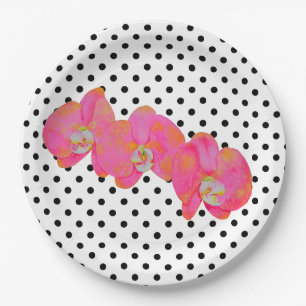 Elegante roze waterverf orchideeën   polka dots papieren bordje