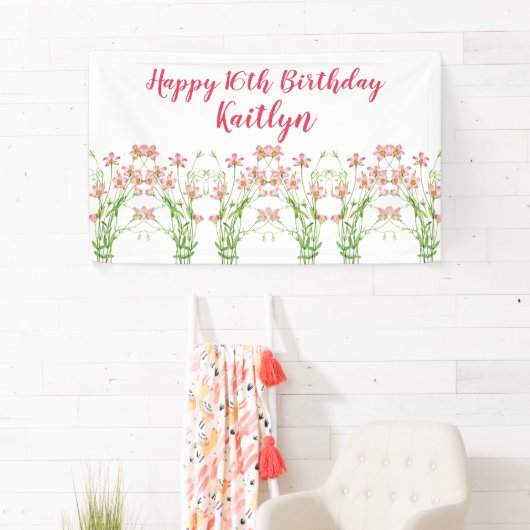 Elegante Roze Wildbloemen 16e verjaardag Persoonli Spandoek (Insitu)