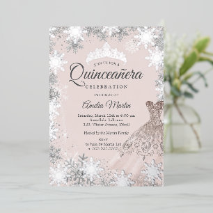 Elegante Roze Winter Sneeuwvlok Quinceanera Folie Uitnodiging