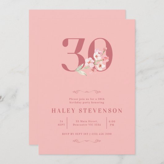 Elegante Roze Wit Bloemendesign 30e Verjaardag Kaart (Voorkant / Achterkant)