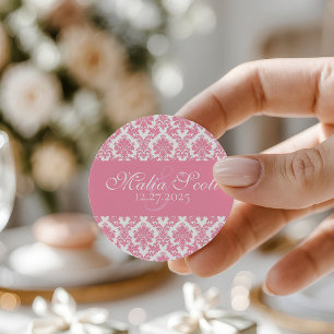 Elegante Roze Wit Damast Wedding Favoriet Ronde Sticker